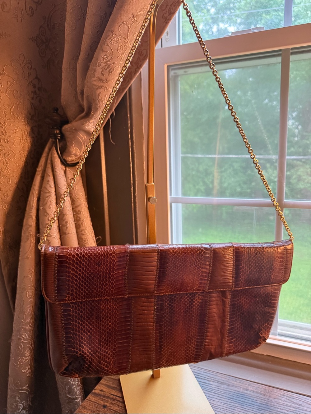 Vintage Elegant Brown Patchwork Leather Clutch with Gold Chain Strap